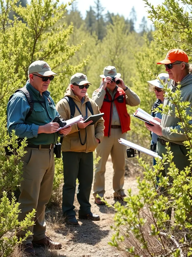 A photograph depicting ACCA members participating in a wildlife census in the Lorcières area, using binoculars and recording data in notebooks, showcasing their commitment to monitoring local wildlife populations.
