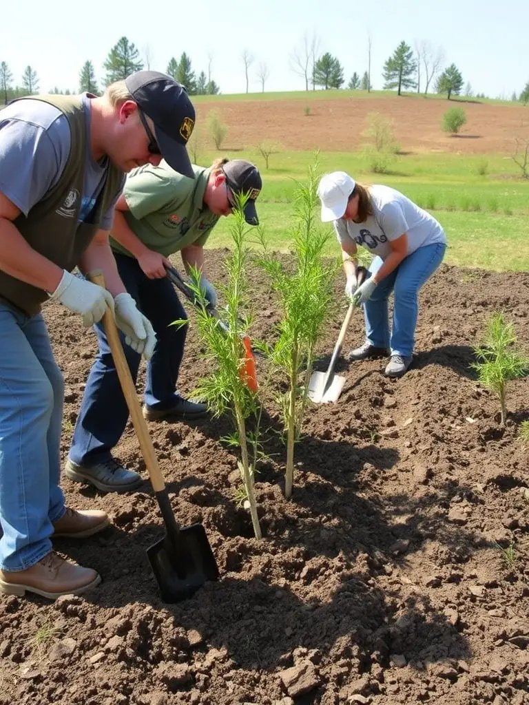 A photograph showing ACCA volunteers planting native trees and shrubs in a deforested area, illustrating their habitat restoration efforts to support local biodiversity.