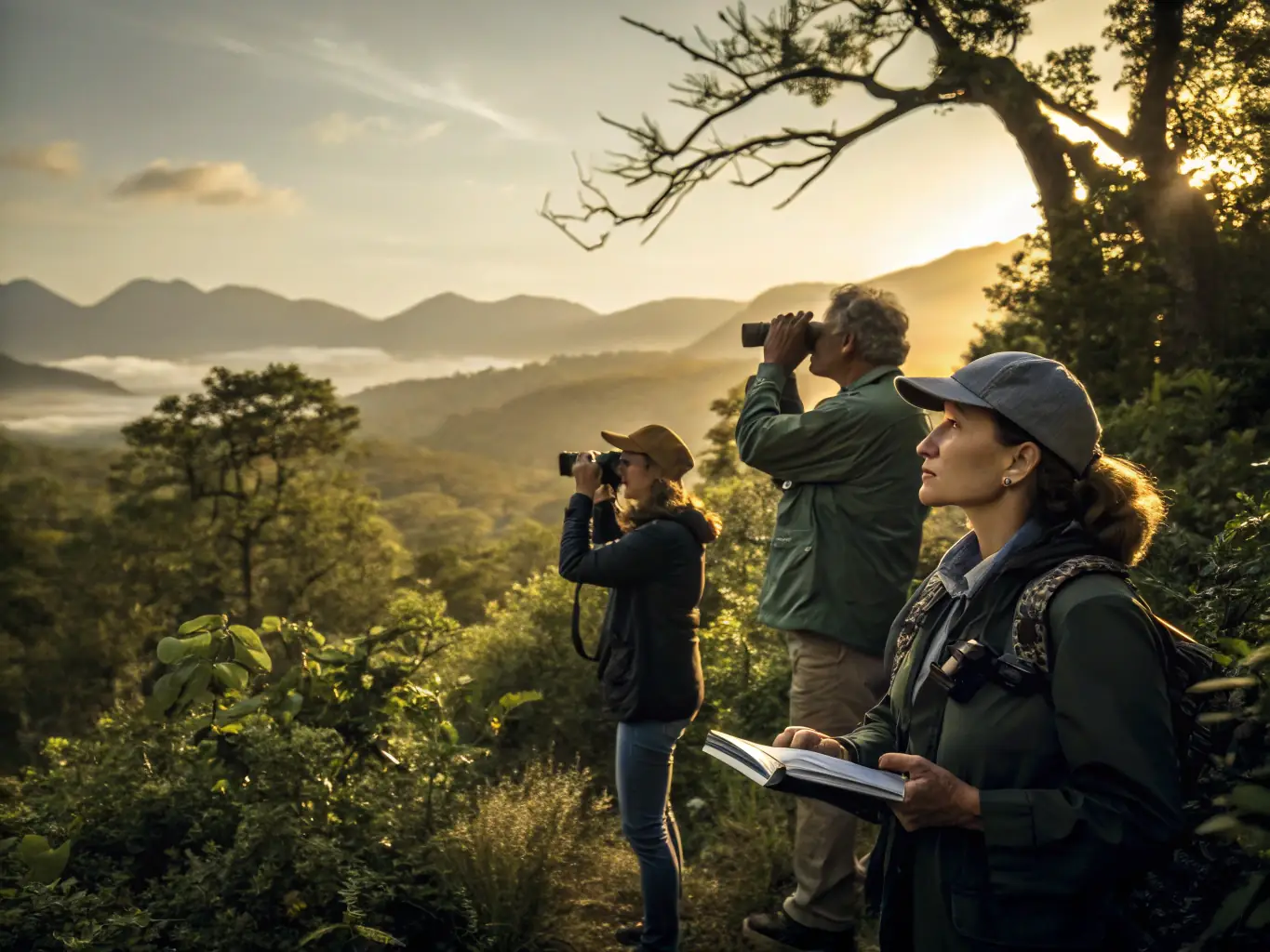 An image depicting ACCA members conducting a wildlife population survey, using binoculars and tracking devices to monitor species distribution and abundance in the Lorcières area.